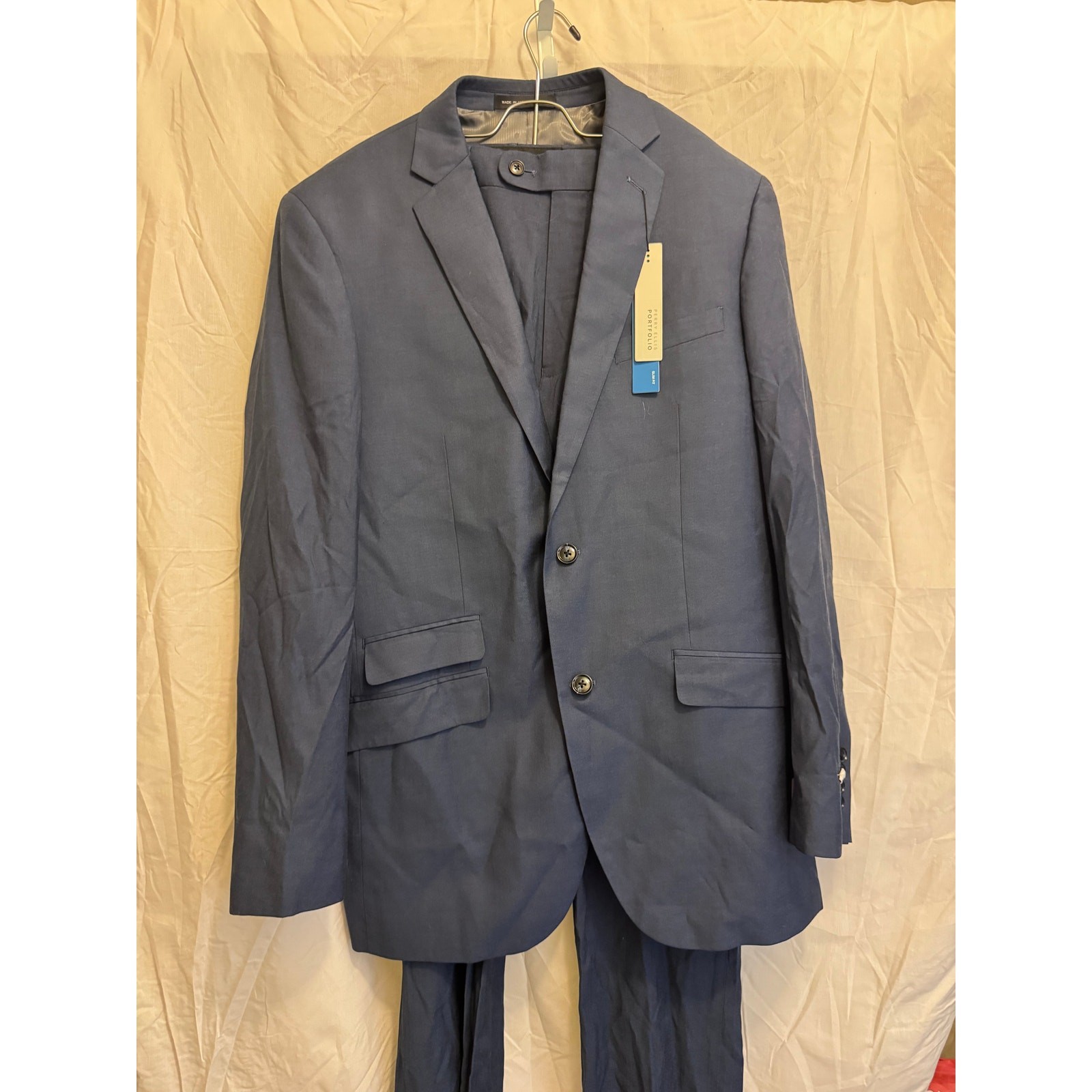 NWT Perry Ellis Portfolio Suit Mens 40L Slim Fit Blue Jacket 34×32 Pants