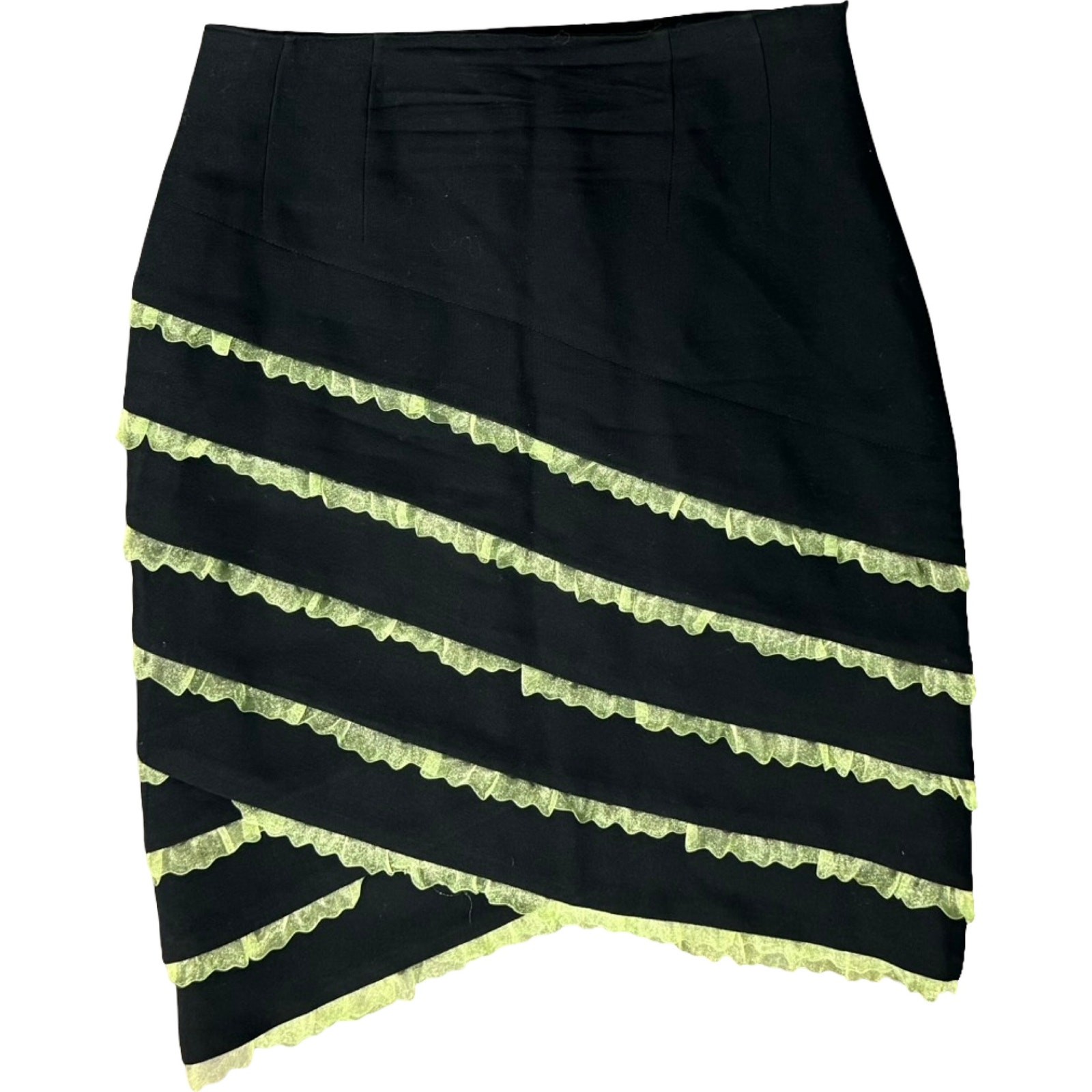 Vintage 90s Black Green Ribbon Ruffle Slant Stripe Wool Pencil Mini Skirt sz 6