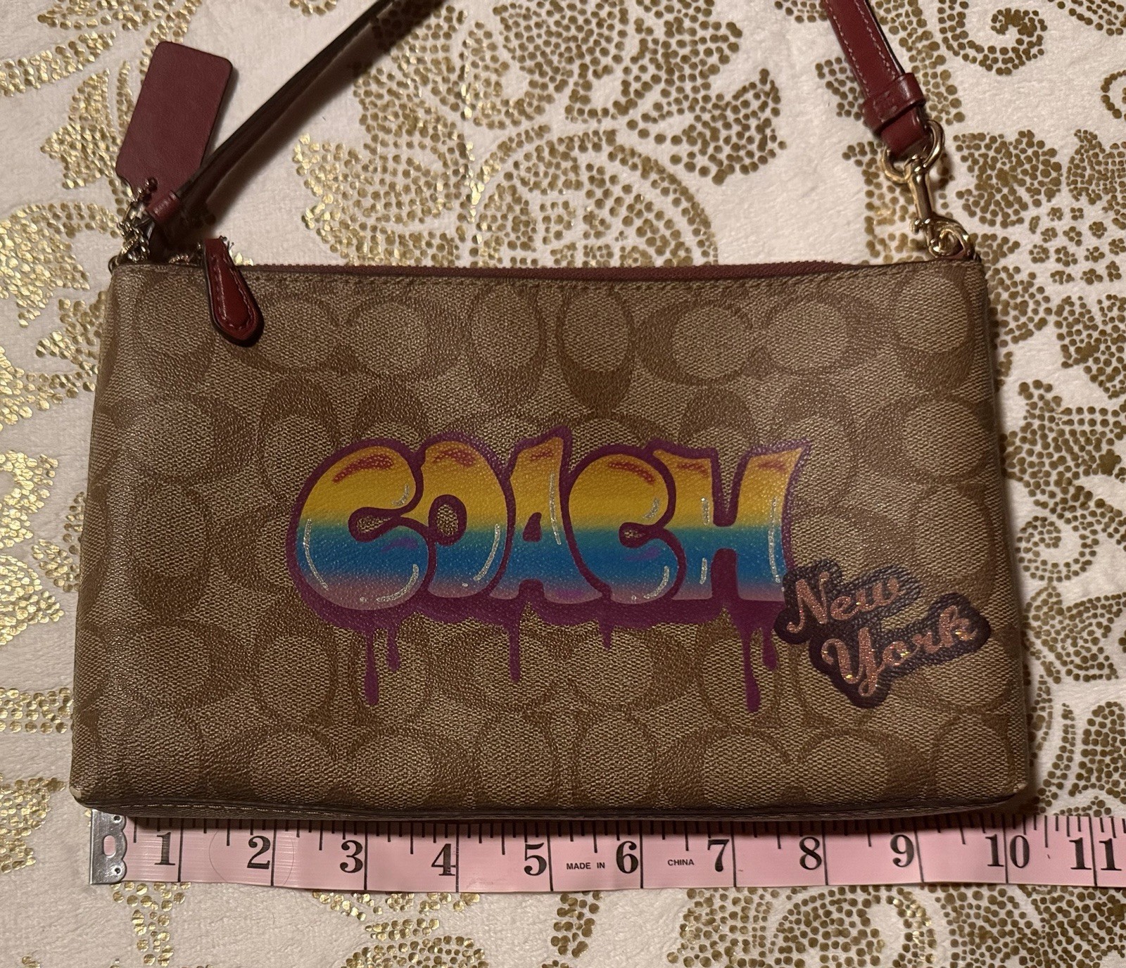 Coach Signature Monogram Zip Wristlet Graffiti Logo Brown Multicolor