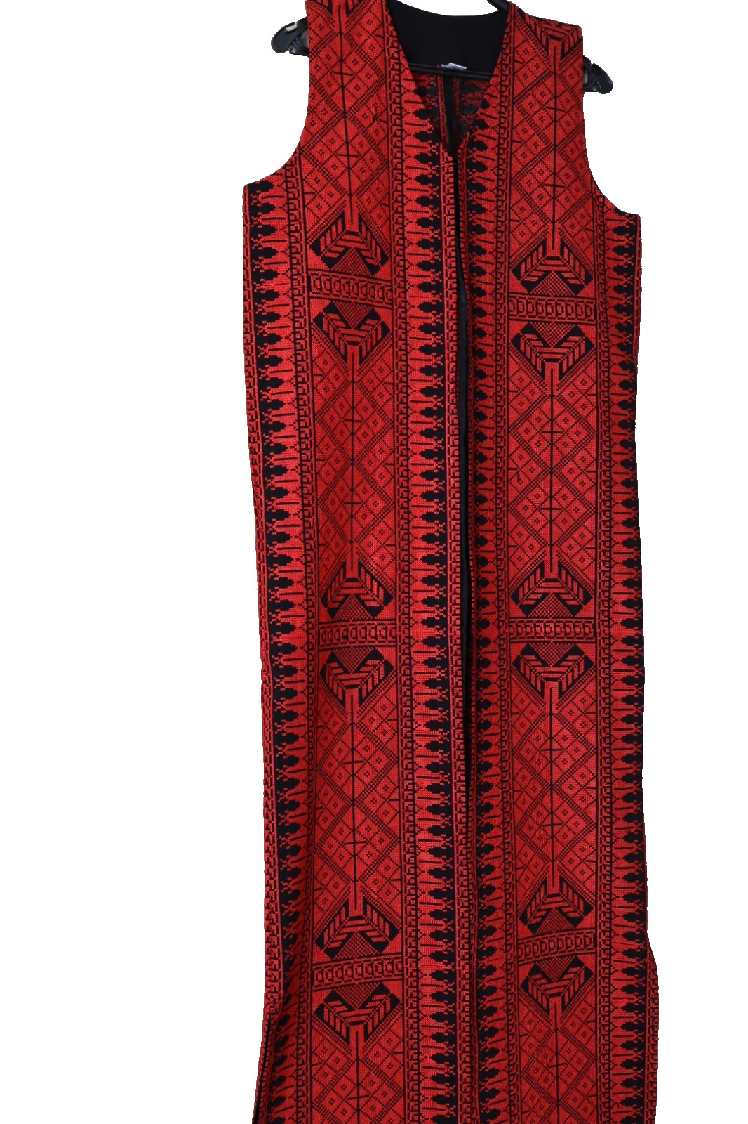 Traditional Red Tatreez Open Abaya Kimono -Embroidered Sleeveless Thobe Vest