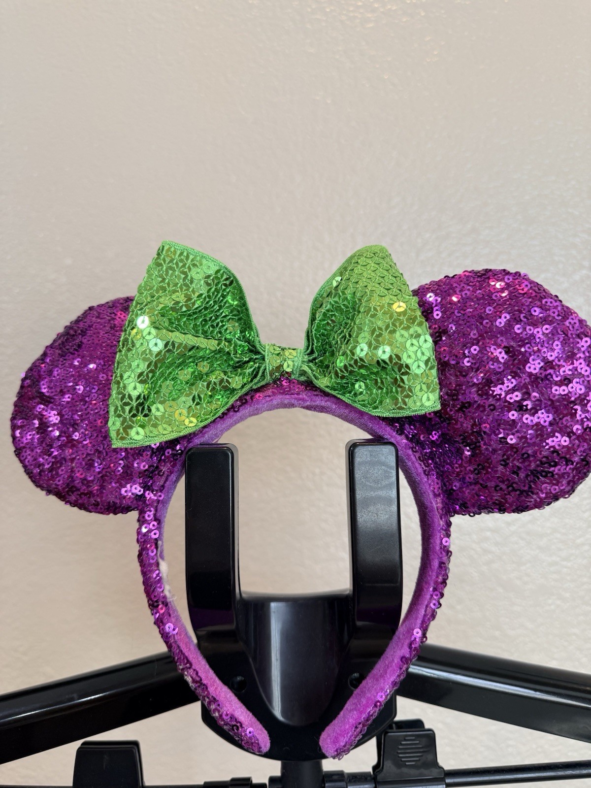 Disney Halloween Purple Sequin Mouse Ears Headband w/ Green Sequin Bow