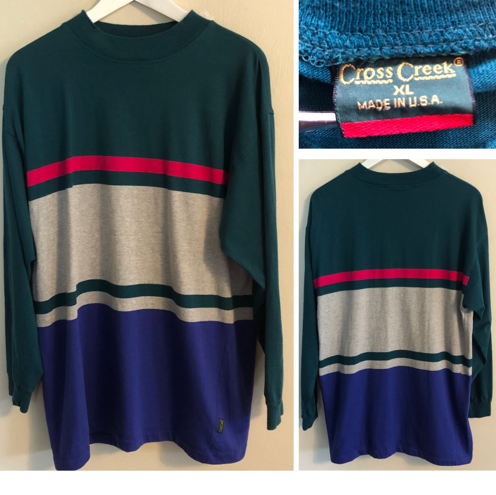 vtg mens CROSS CREEK Long Sleeve Shirt XL Striped Mock Neck 100% Cotton USA 90s