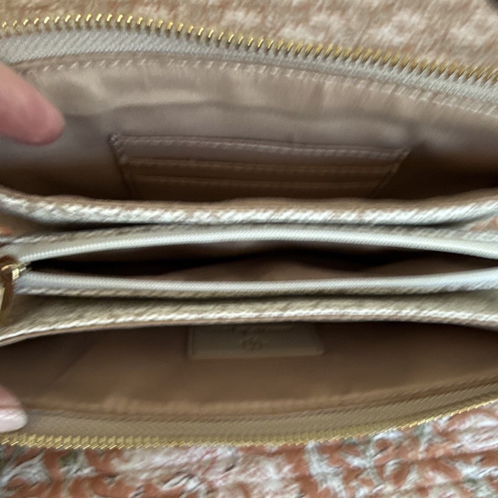 Nanette Lepore Beige Logo Small Crossbody Bag Zip Tassel Gold Hardware Strap