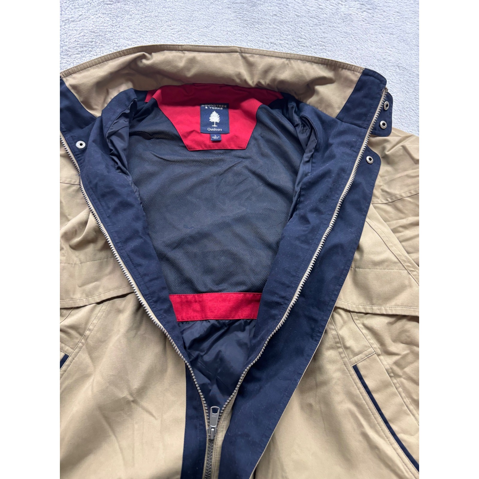 Roundtree & Yorke Outdoors Mens Large Khaki Tan Full Zip Jacket Stowaway Hood L