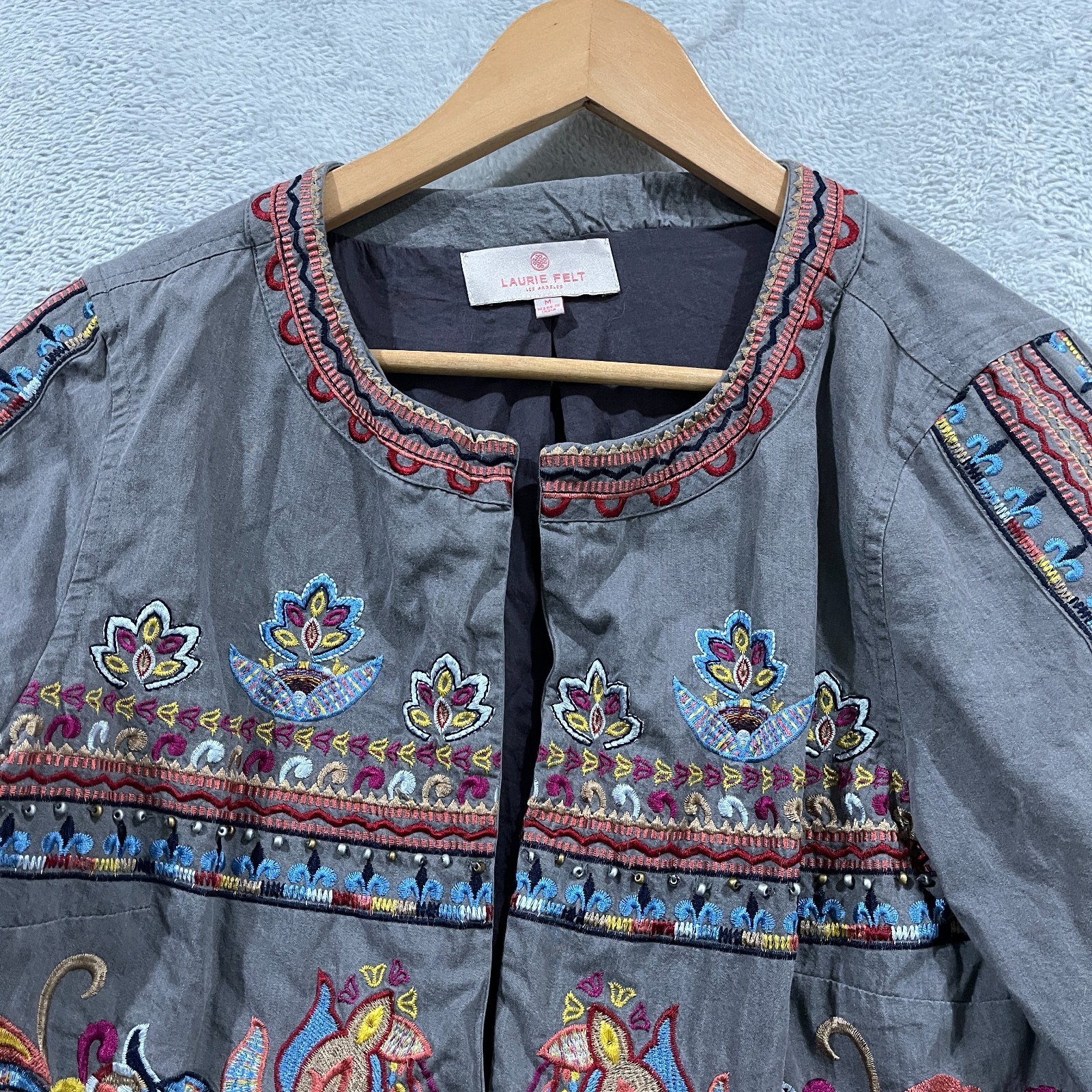 Laurie Felt Jacket Medium Southwest Western Boho Embroidered Hippie Open Front