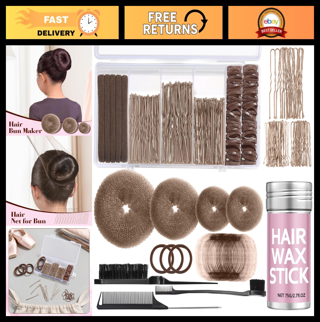 Hair Bun Maker Set – Donut Bun Tool, Bobby Pins, Hair Wax Stick & Net – Tan Brow