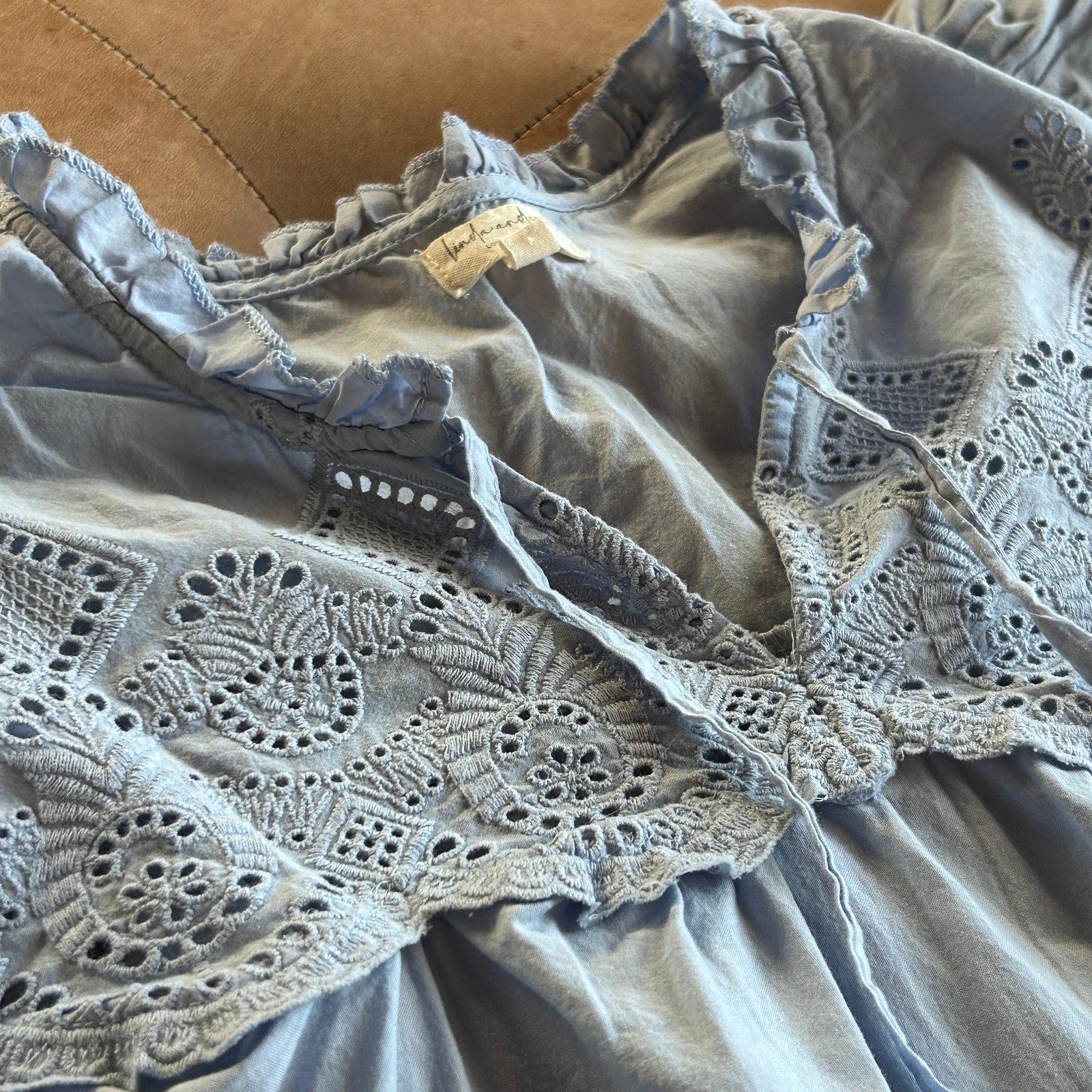 Cotton Eyelet Prairie Peasant Top Puff Sleeve Blue Romantic Cottagecore Blouse M