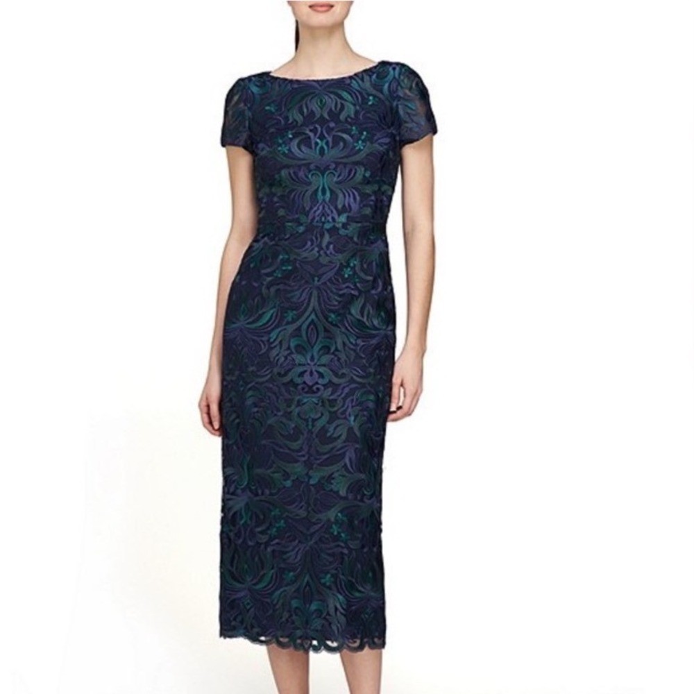 JS Collections Fallon Embroidered Lace Sheath Midi Dress Navy Teal Size 6 NWT