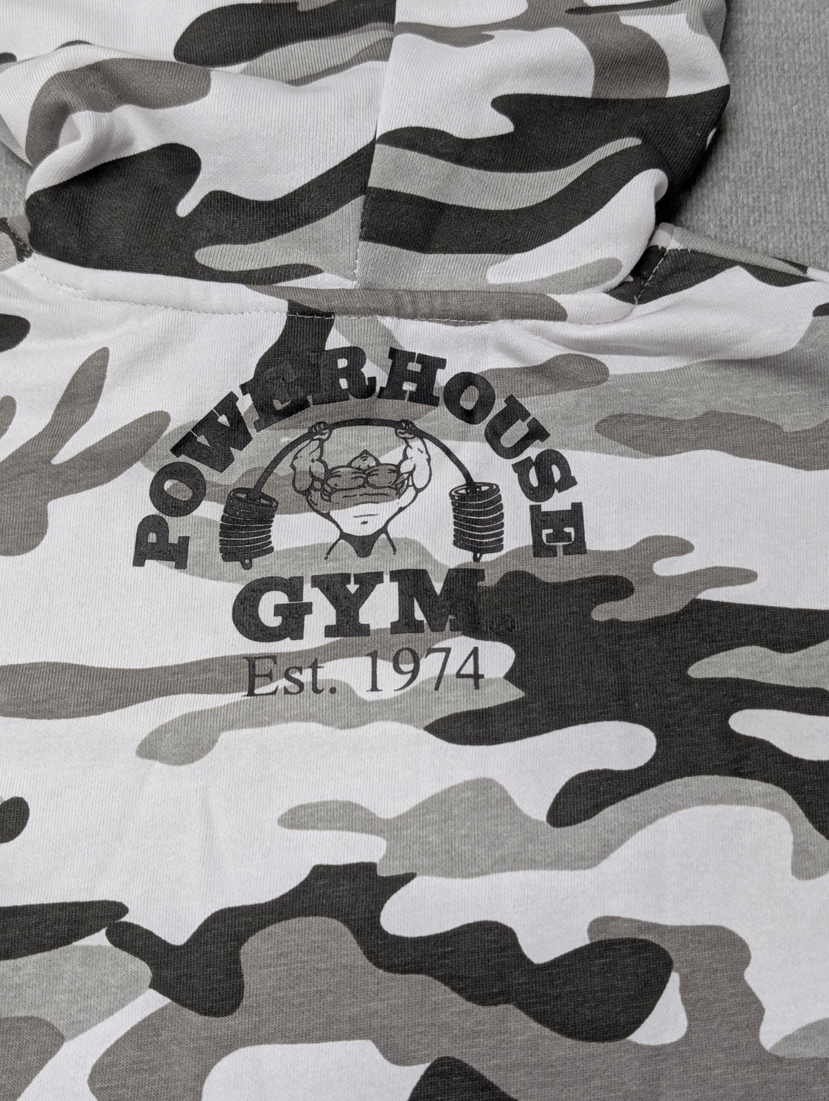 Powerhouse Gym Est 1974 Gray Camo Pullover Hoodie Sweatshirt XL 60/40 Cotton