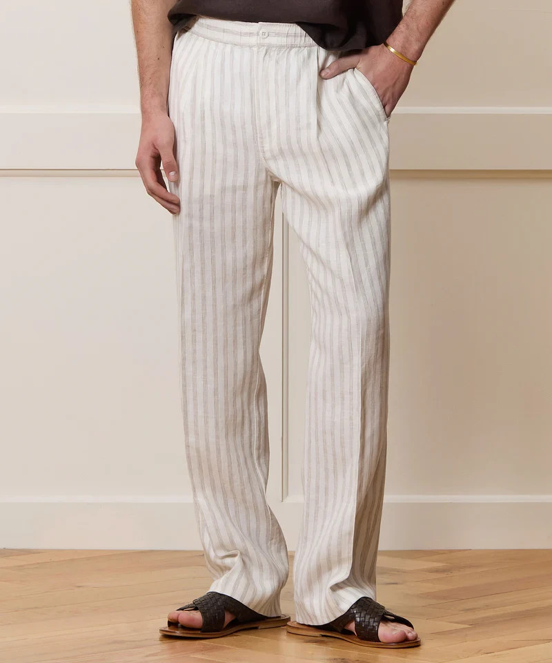 TODD SNYDER Relaxed 100% Linen Leisure Pants in White Striped Pleated NWT $198