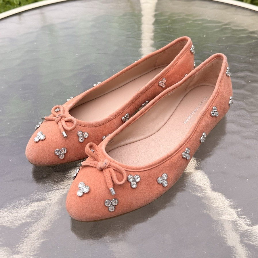 Stuart Weitzman Womens Ballet Flats US 6 Pink Suede Round Toe Bow Rhinestone