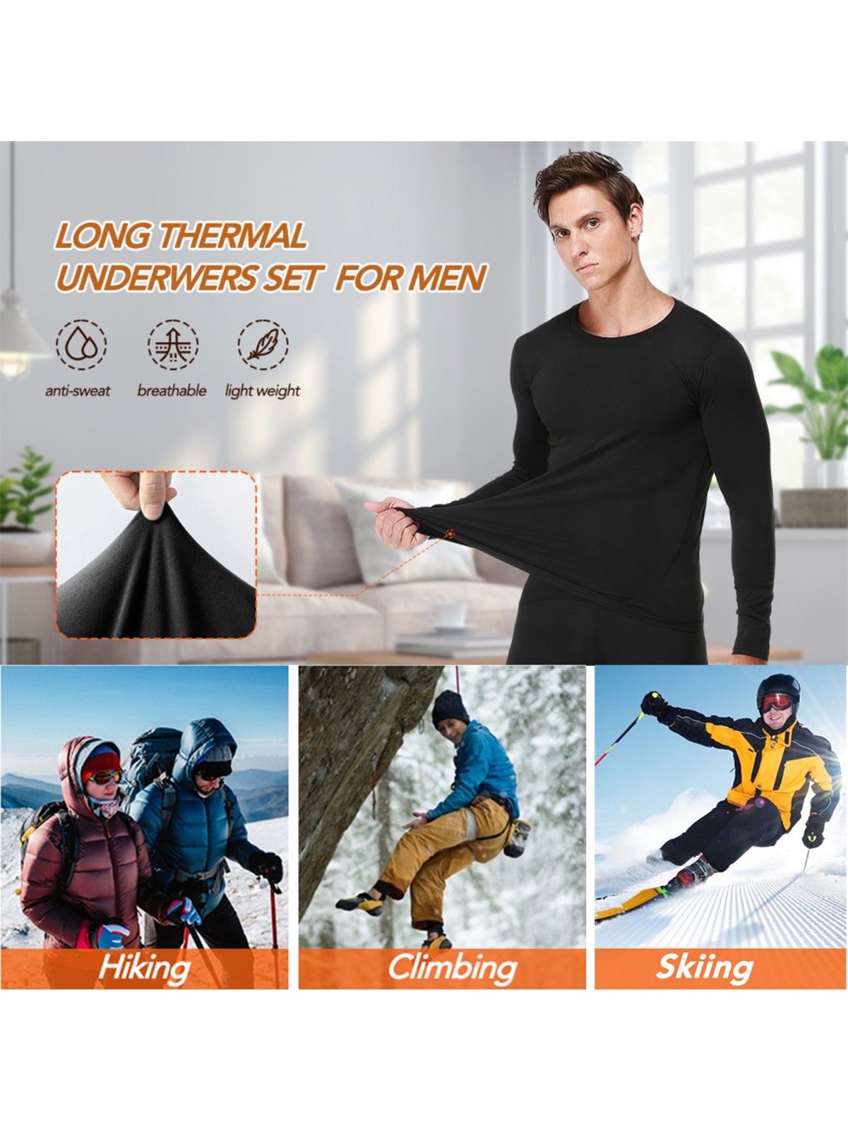 Thermal Underwear for Men Long Johns Fleece Lined Base Layer Set Lightweight USA