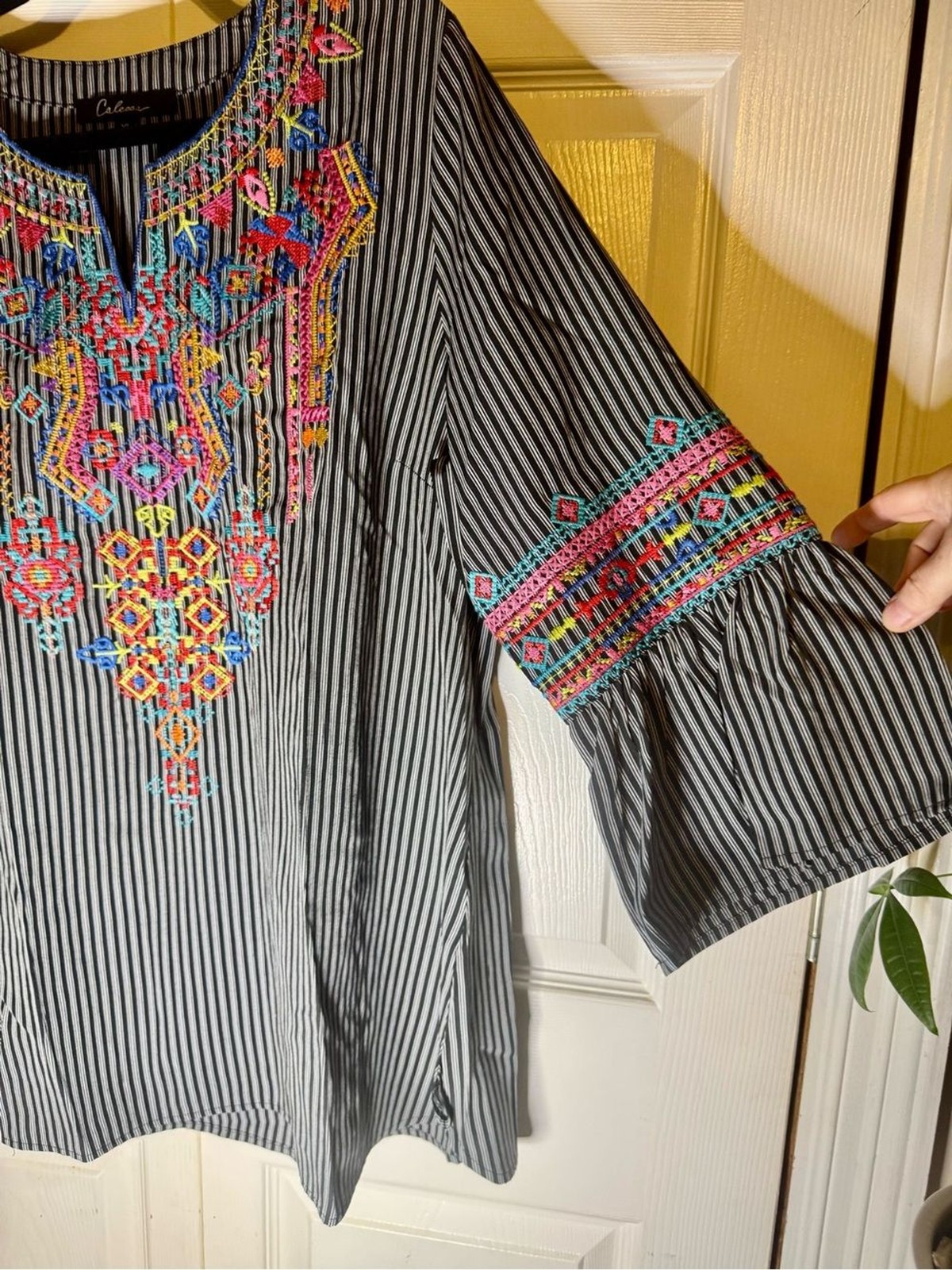 CALEOOS Navy Striped Embroidered Bell-Sleeve Tunic Top Retro Hippie Vibe XL