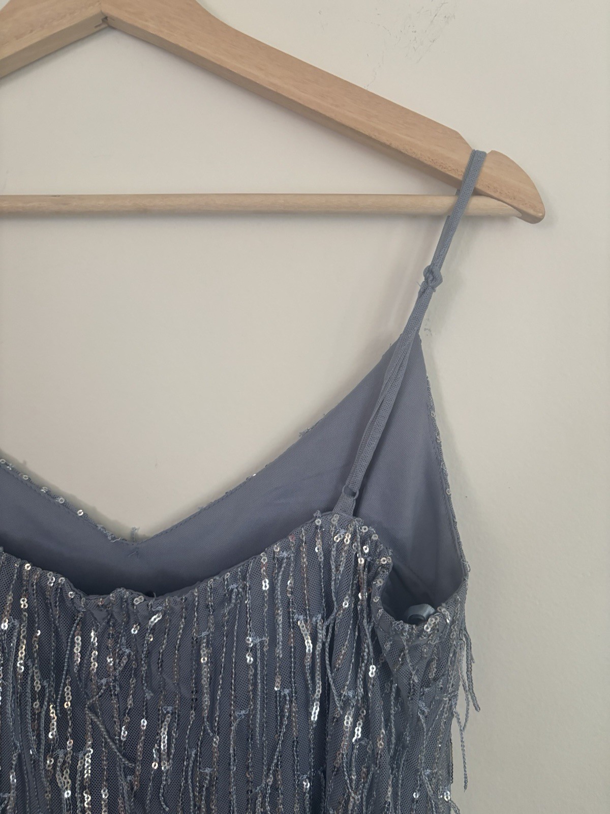 Blue Sequin Fringe Mini Dress Spaghetti Strap V-Neck Party Size L