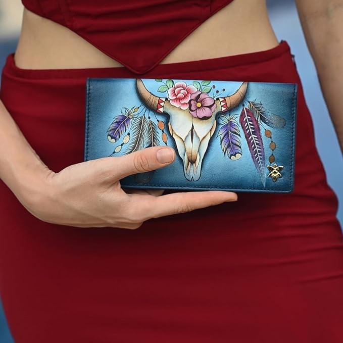 ANUSCHKA NWT🪶”RARE” RFID Bi-Fold Snap Clutch Wallet-Feather Skull Denim 1785