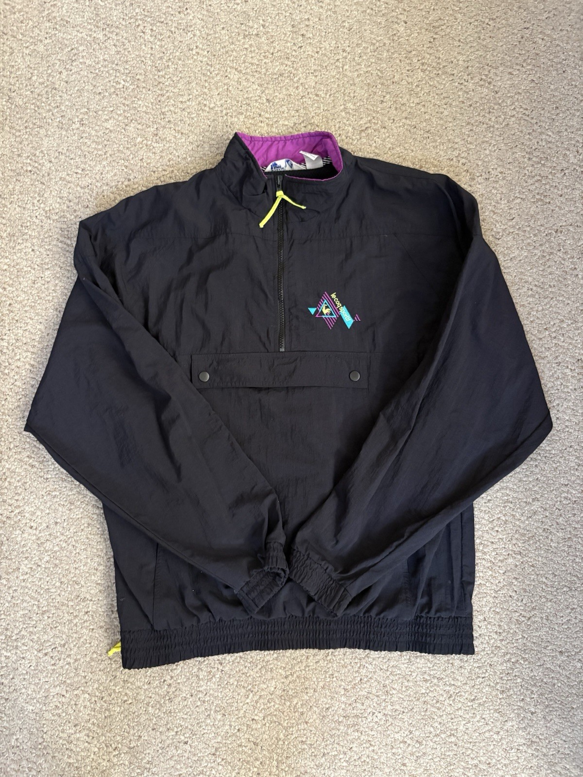 Vintage Le Coq Sportif BLACK & NEON Windbreaker L Green Purple 80s / 90s Jacket