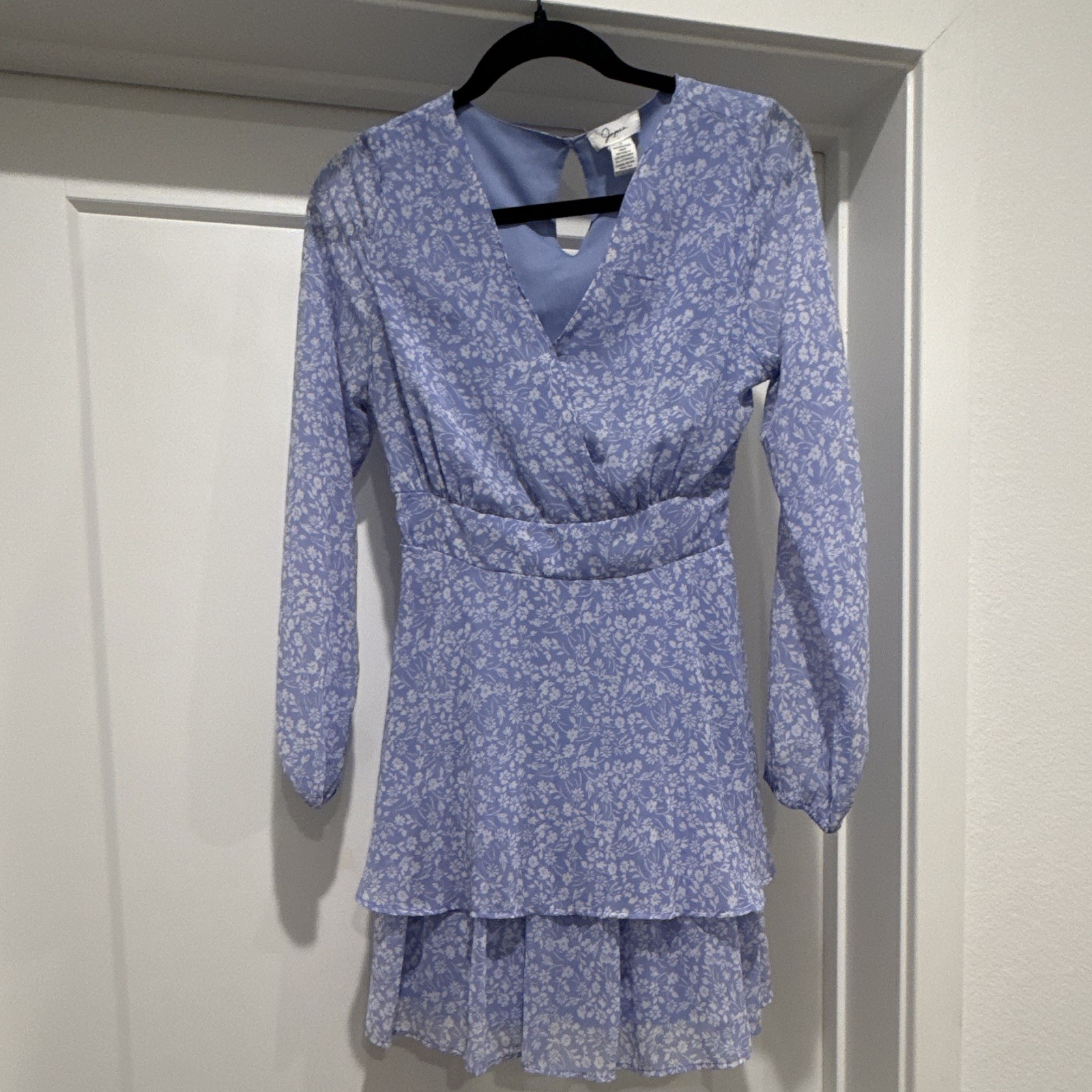 Japna Blue Floral Wrap Dress Short V-Neck Long Sleeve Tie Waist Ruffle M
