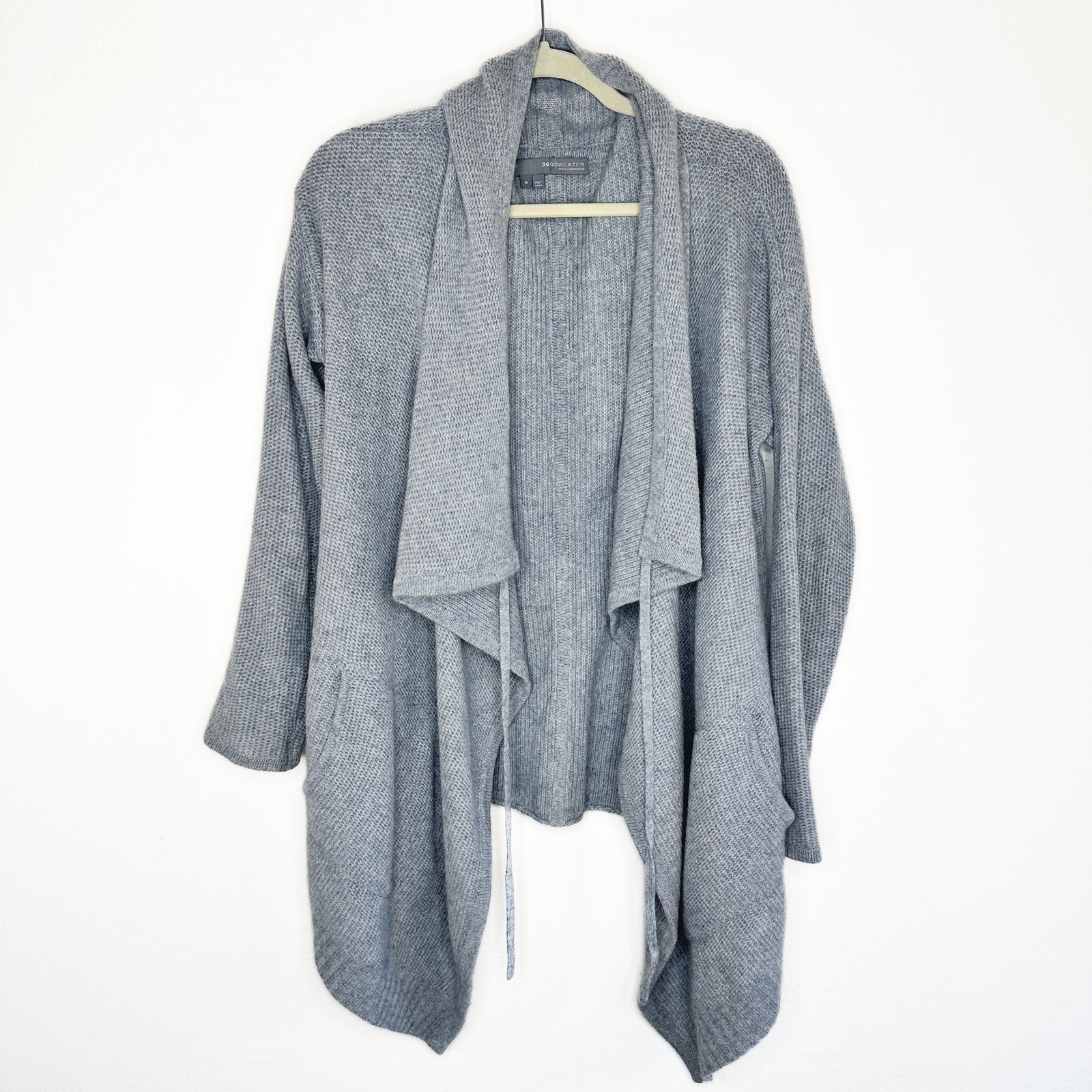 360 Cashmere Grey Draped Wrap Tie Front Moto Waterfall Cardigan Sweater Small