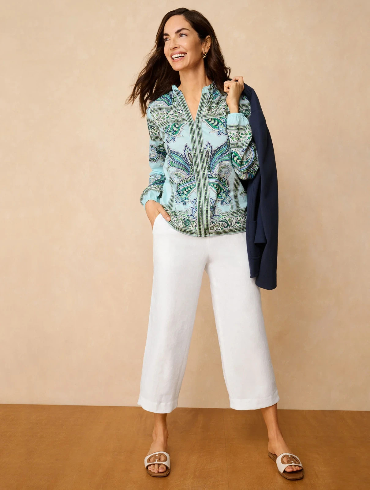 Ruffle Neck Top – Floral Paisley at Talbots NWT $109, color IVORY MULTI