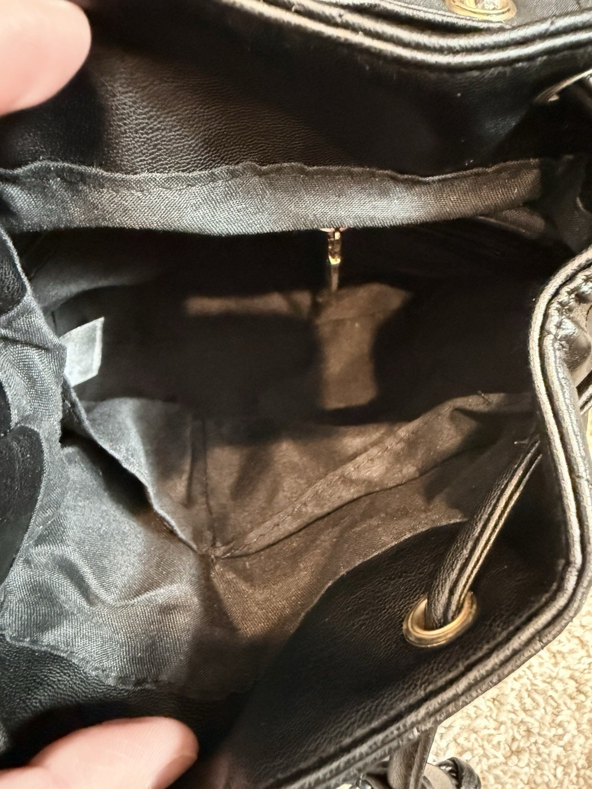 Bebe Black Backpack Drawstring Turn Lock Quilted Gold Hardware Adjustable Strap