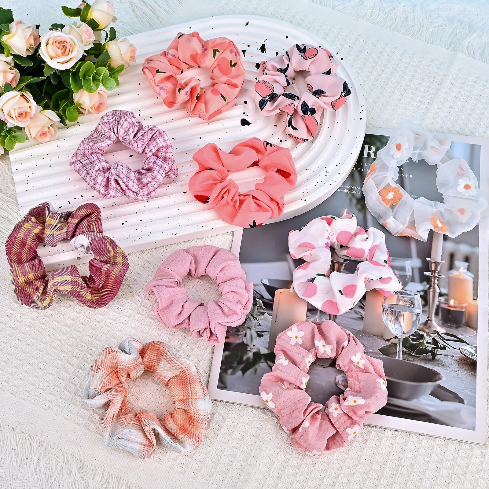 10-Piece Flower Fruits Solid Colorful Scrunchies for Women Girls, No Damage E…