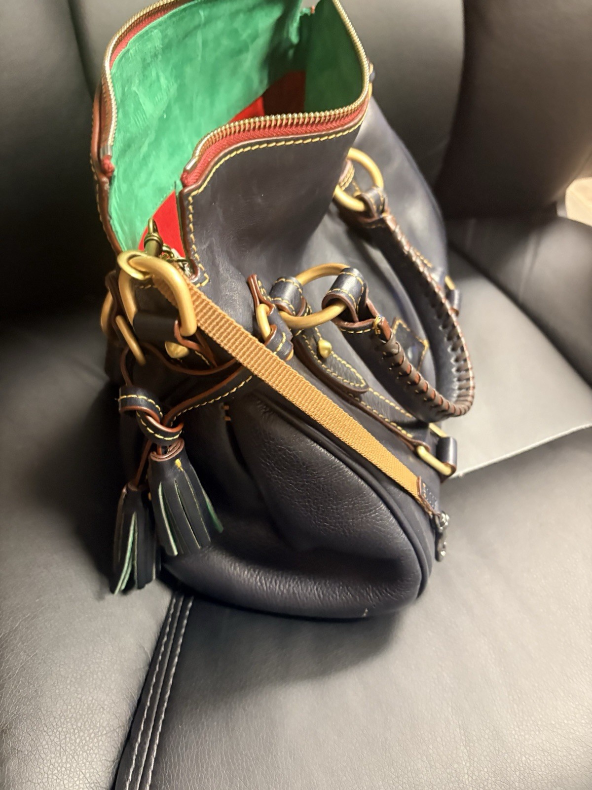 Navy Medium Satchel Top Handle Zip Tassel Green Lining Gold Hardware Strap