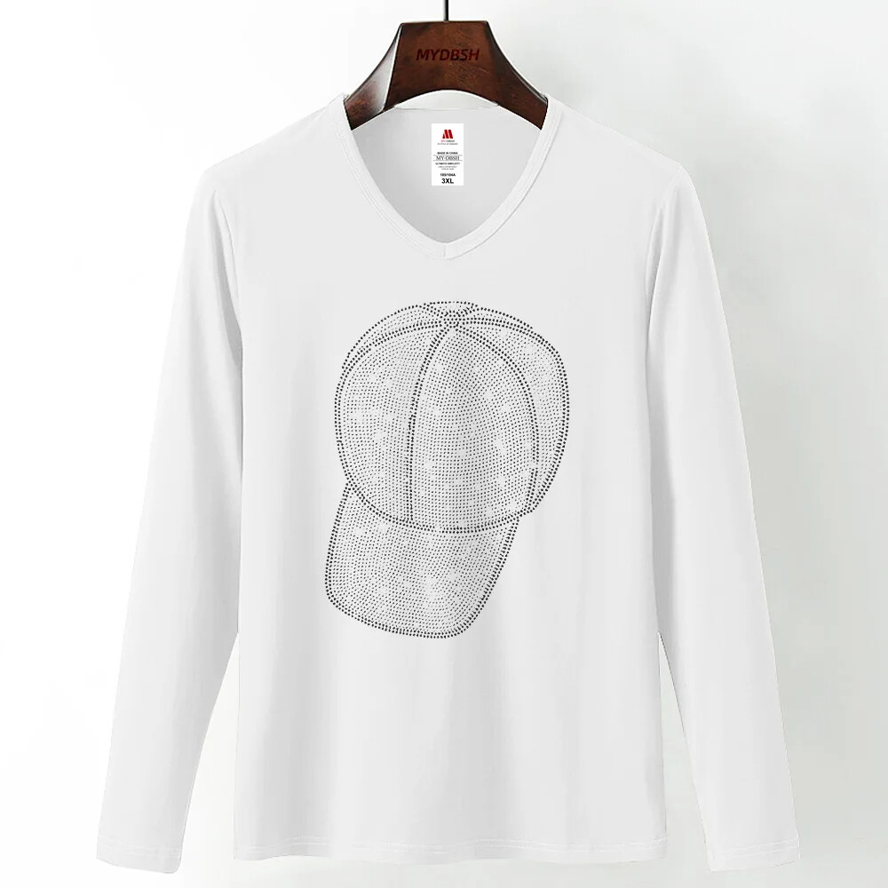 Fashion Trend Ball Cap Rhinestones Long Sleeve Luxury Men V-Neck T-Shirt