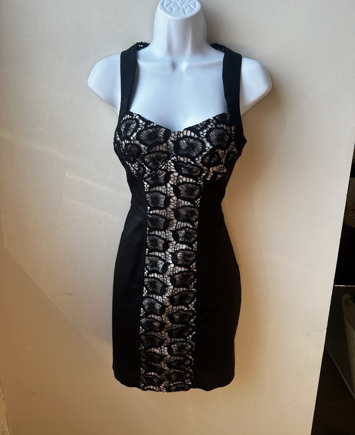 Bebe Black Crochet Overlay Mini Cocktail Dress 4P Y2K Club Sleeveless Bodycon