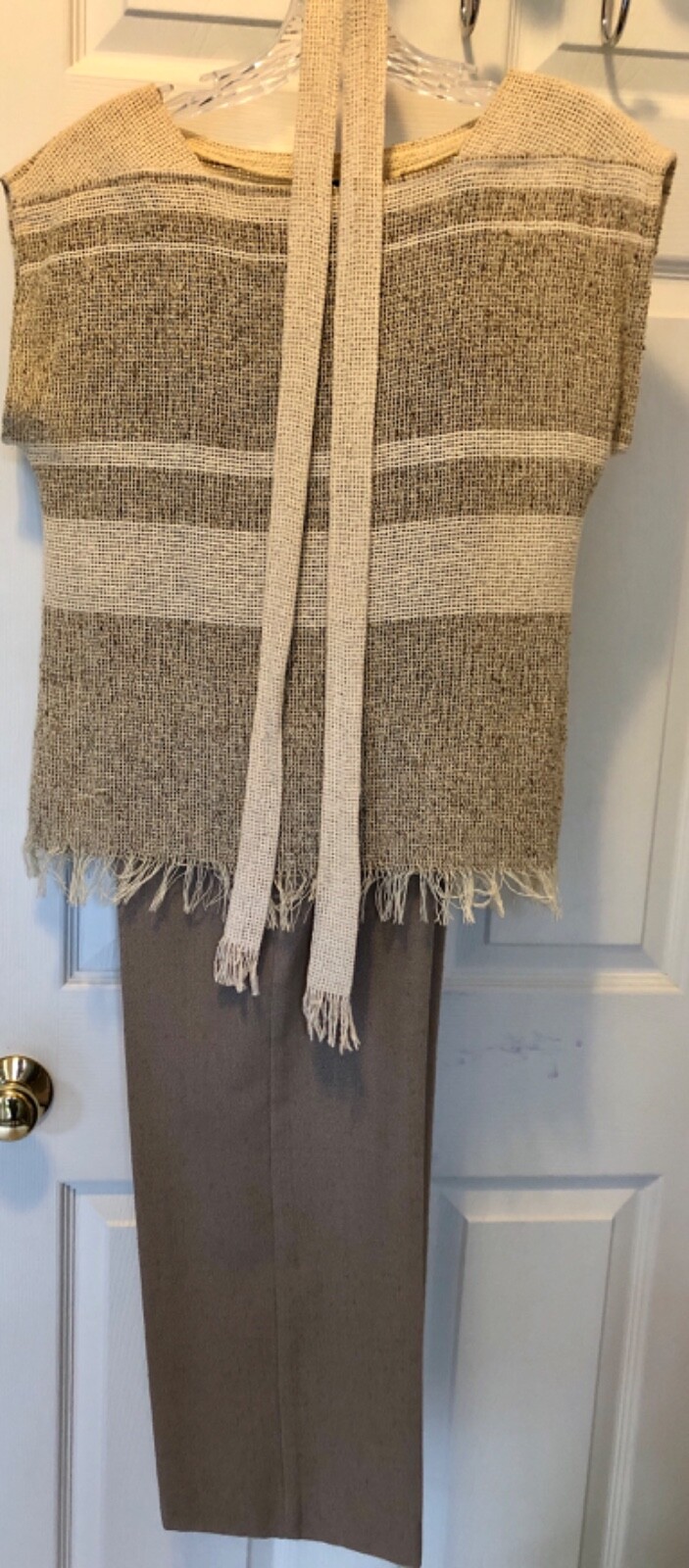A.C. SPORT LADIES SMALL CAP SLV BROWN BEIGE BURLAP WOVEN MESH TOP W/ TIE SZ S