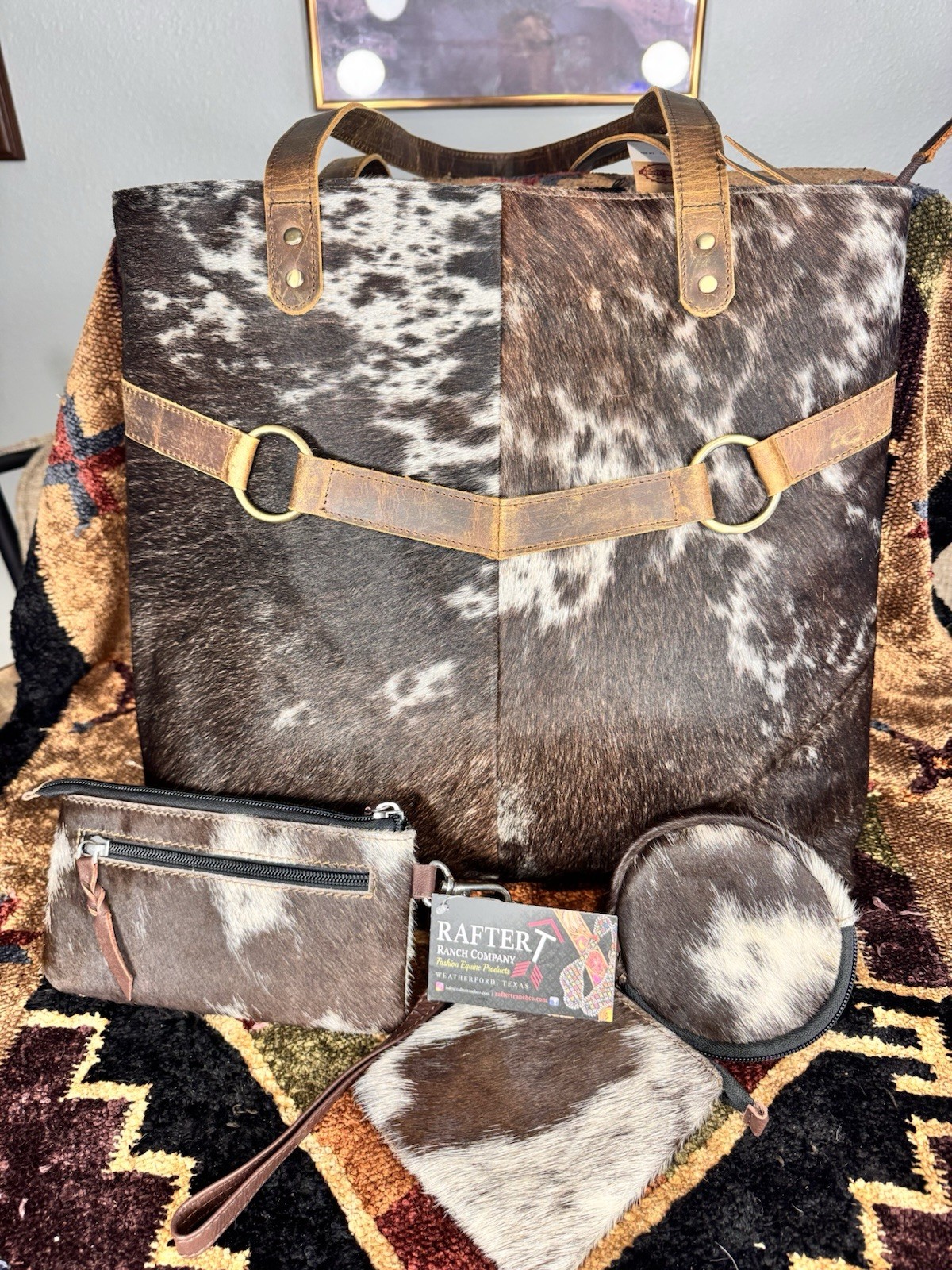 Rafter T Ranch pouches & Western Brown/White Cowhide Zip Laptop Tote