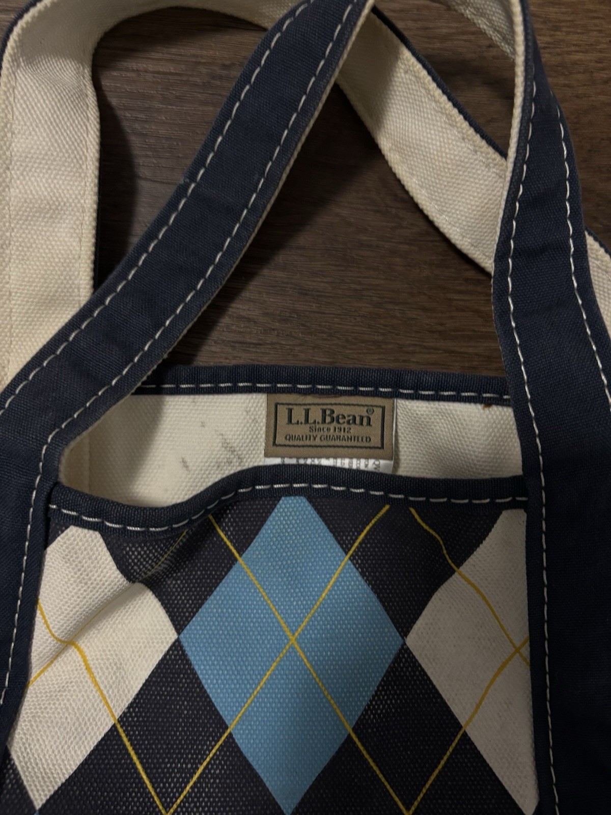 L.L.Bean Argyle Tote Bag Blue/White/Navy Double Handles with Inner Pockets