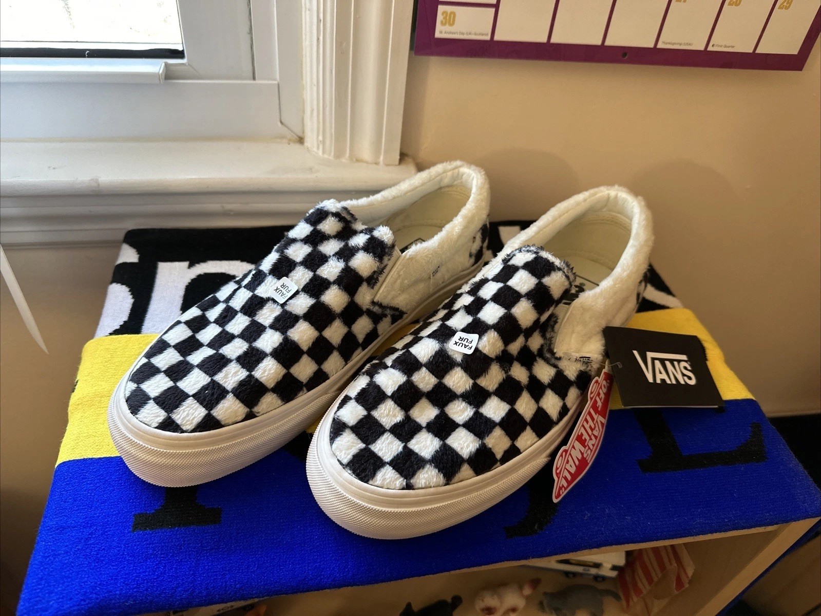 New Classic Slip On Sherpa Checkerboard Fluffy Vans Sneakers Men 8 Women 9.5