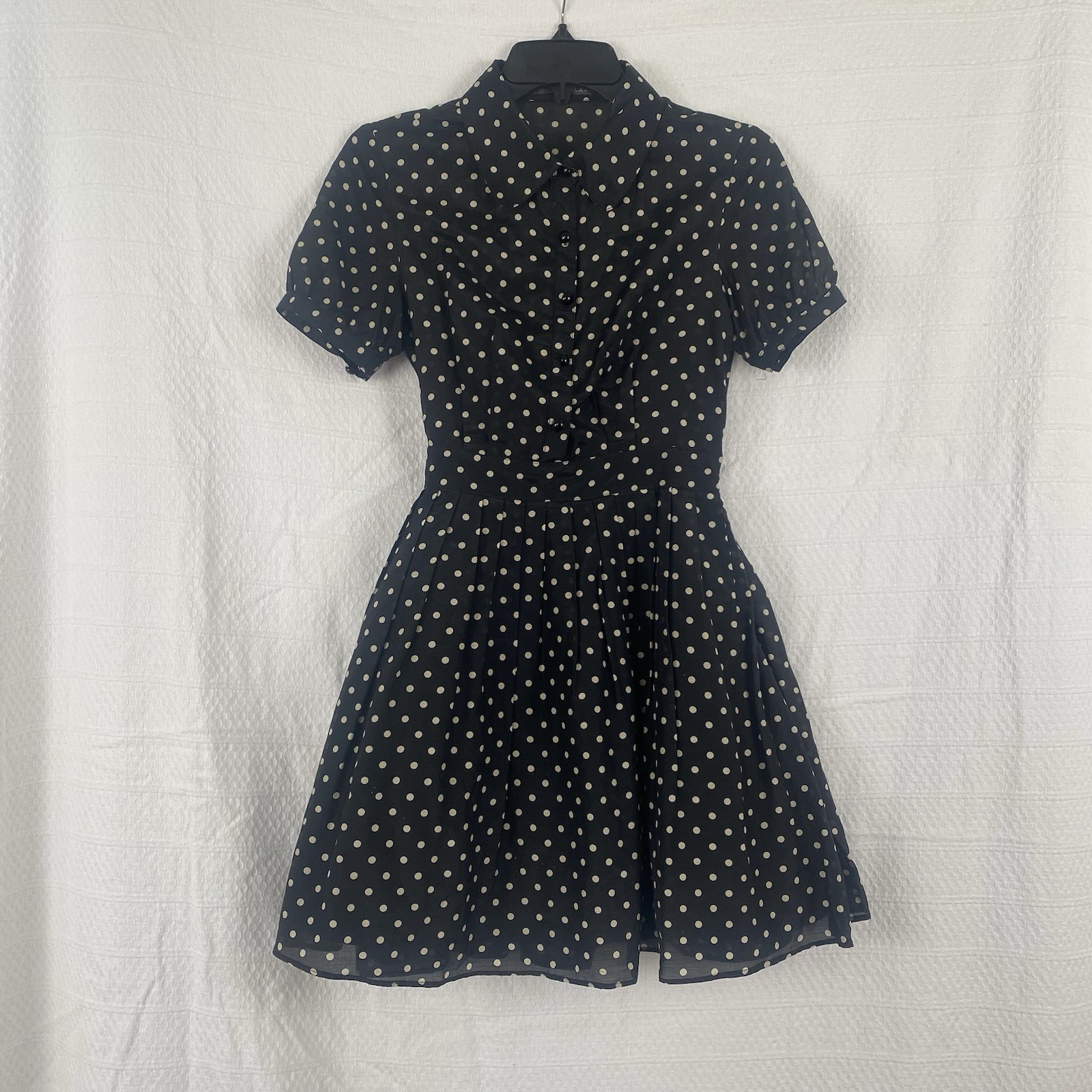 Vintage Polka Dot Dress Black Cream Silk Blend Retro Pin Up Rockabilly Fit Flare
