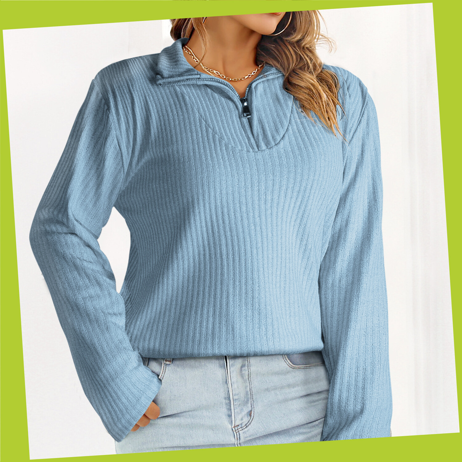 Women’s Casual Long Sleeve Half Zip Pullover Sweaters Solid V Neck Collar Top