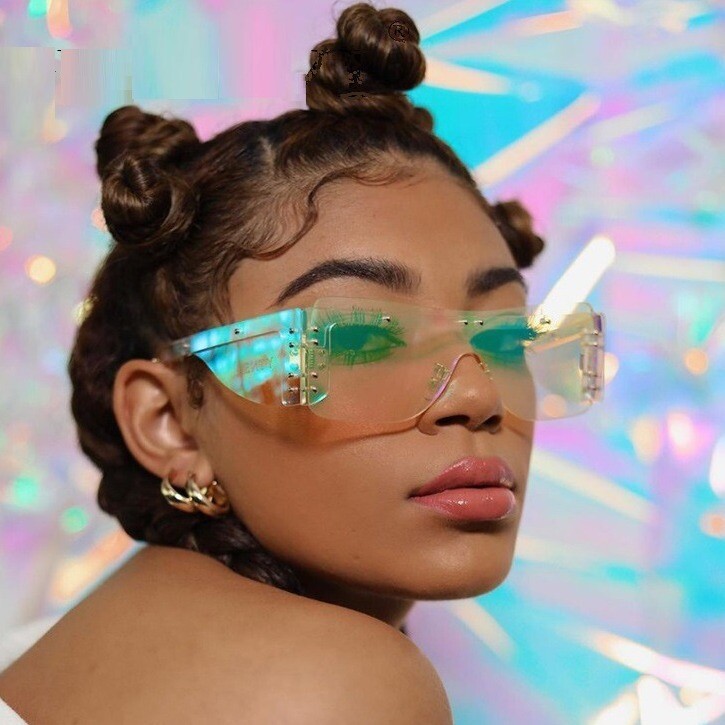 Shield Sunglasses Iridescent Lens Rivet Accents Fashion Futuristic Women Lentes