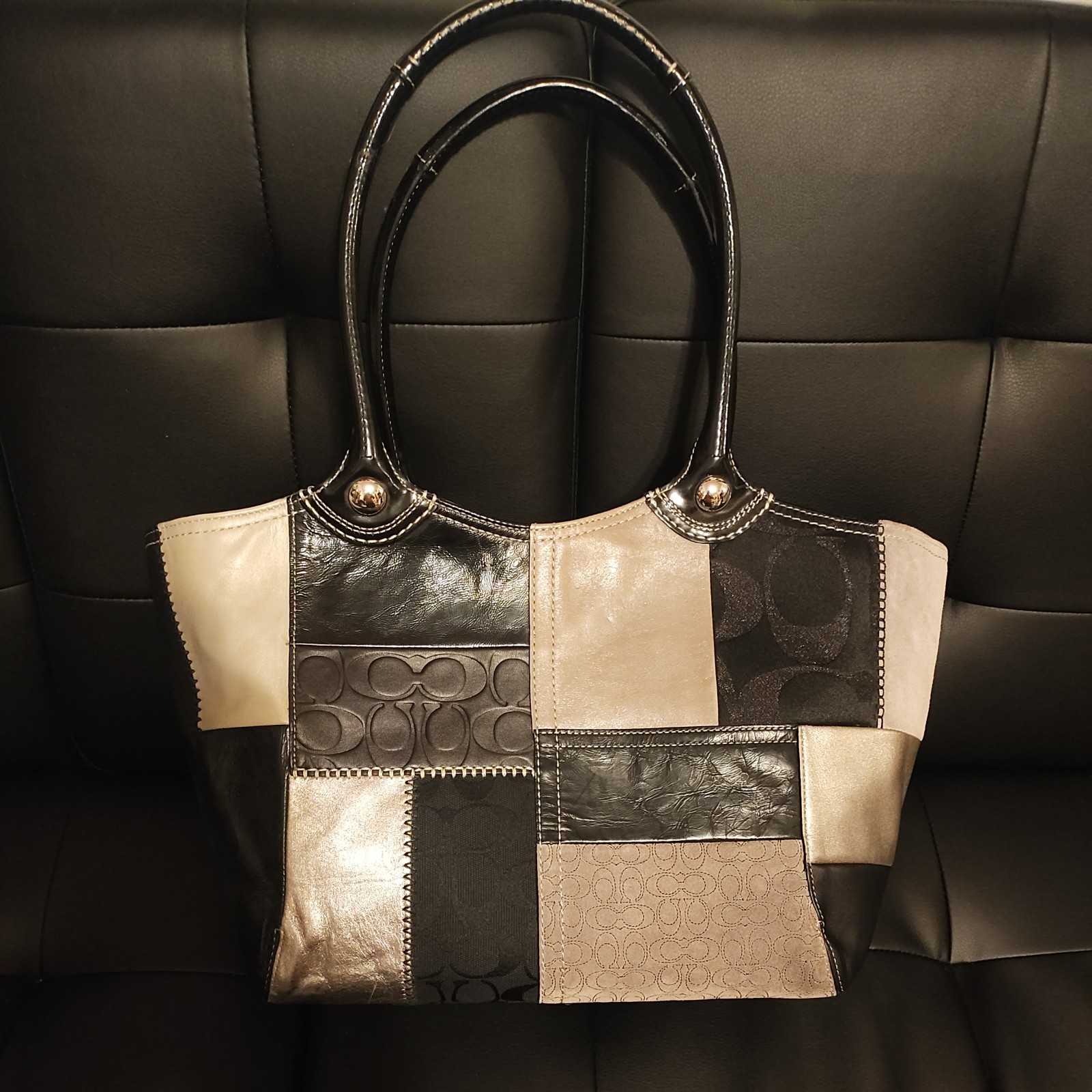 Coach Bleecker Legacy Tote Bag Women Black Gray Beige Leather Patchwork