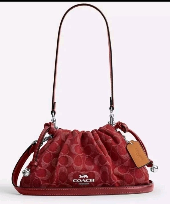 New Authentic Coach Faye Shoulder Bag Signature Logo C Denim CDB93 Silver Red