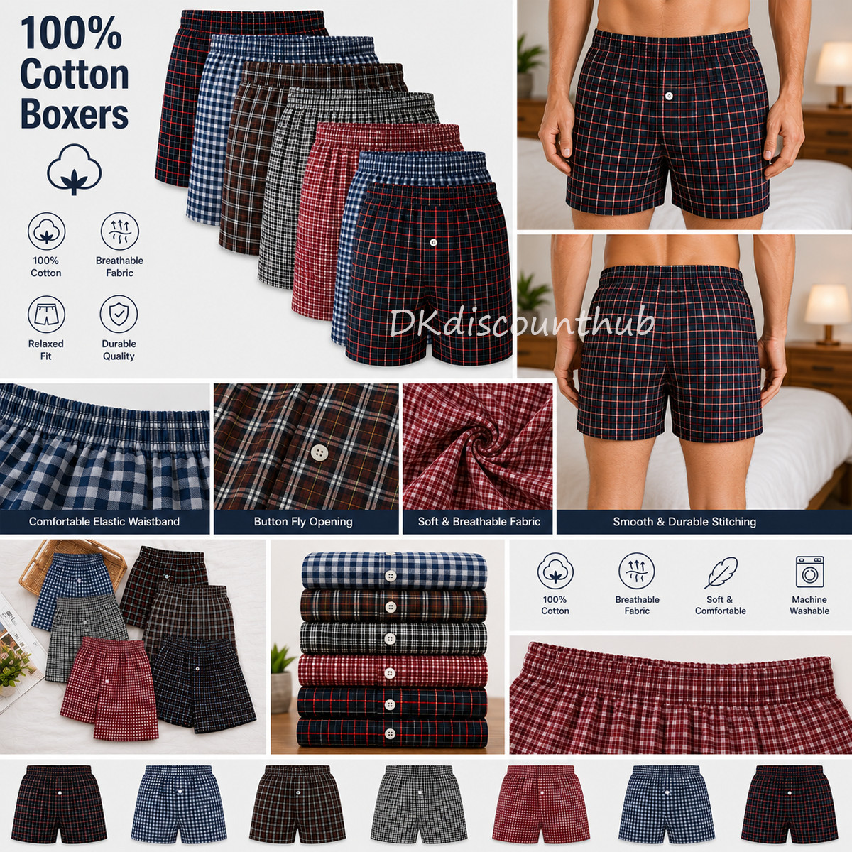 6 Pack Men’s Premium Boxers 100% Cotton Underwear Trunk Plaid Shorts Size S~3XL