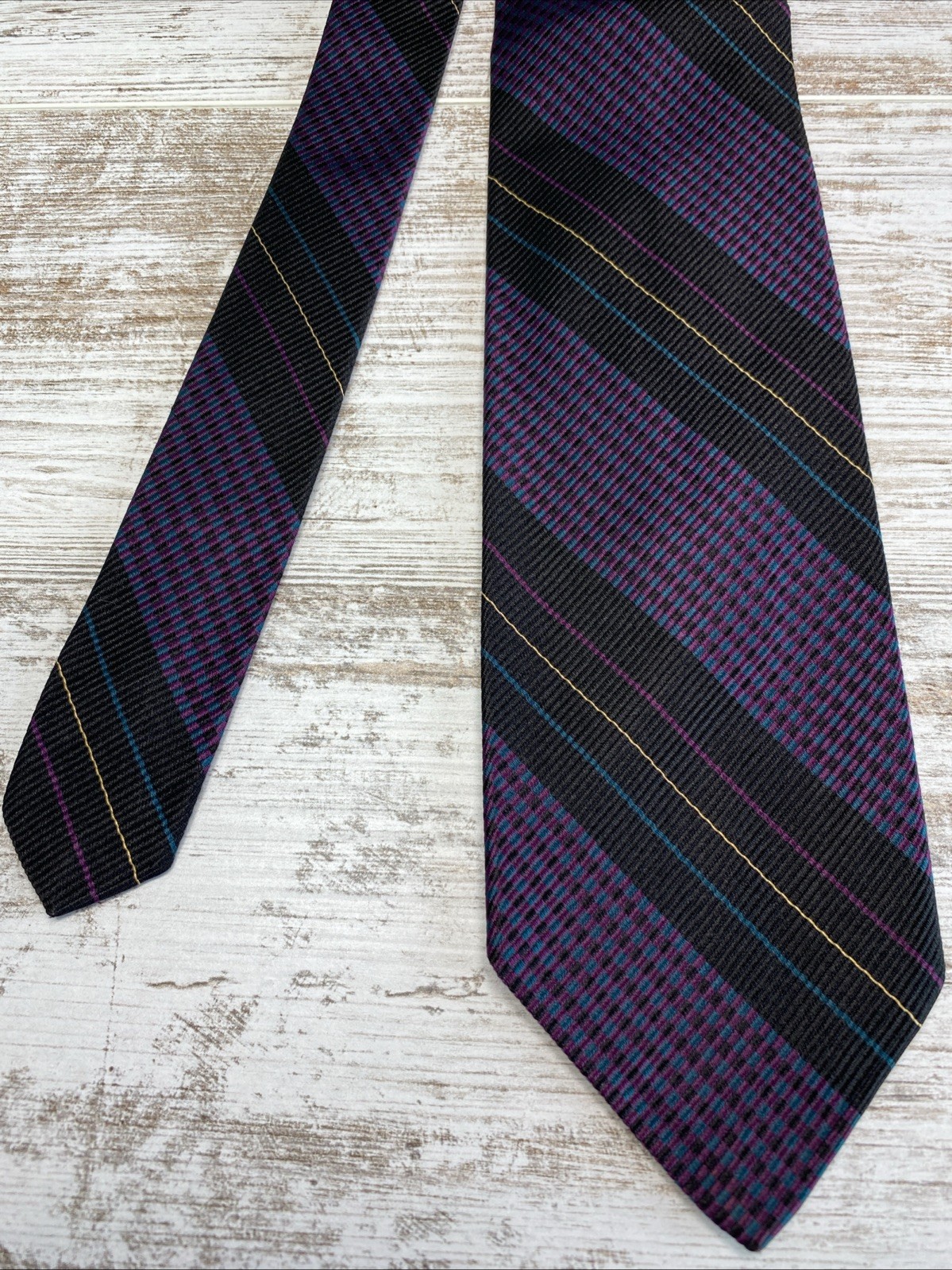 Robert Talbott Tie Andrisen Morton Black Purple Teal Stripe Silk Necktie 58×3.25