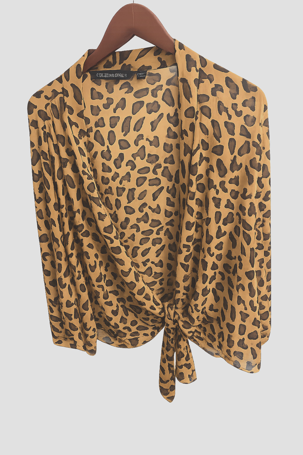 Colleen Lopez sheer tie-front top leopard animal print wrap blouses L cover-up