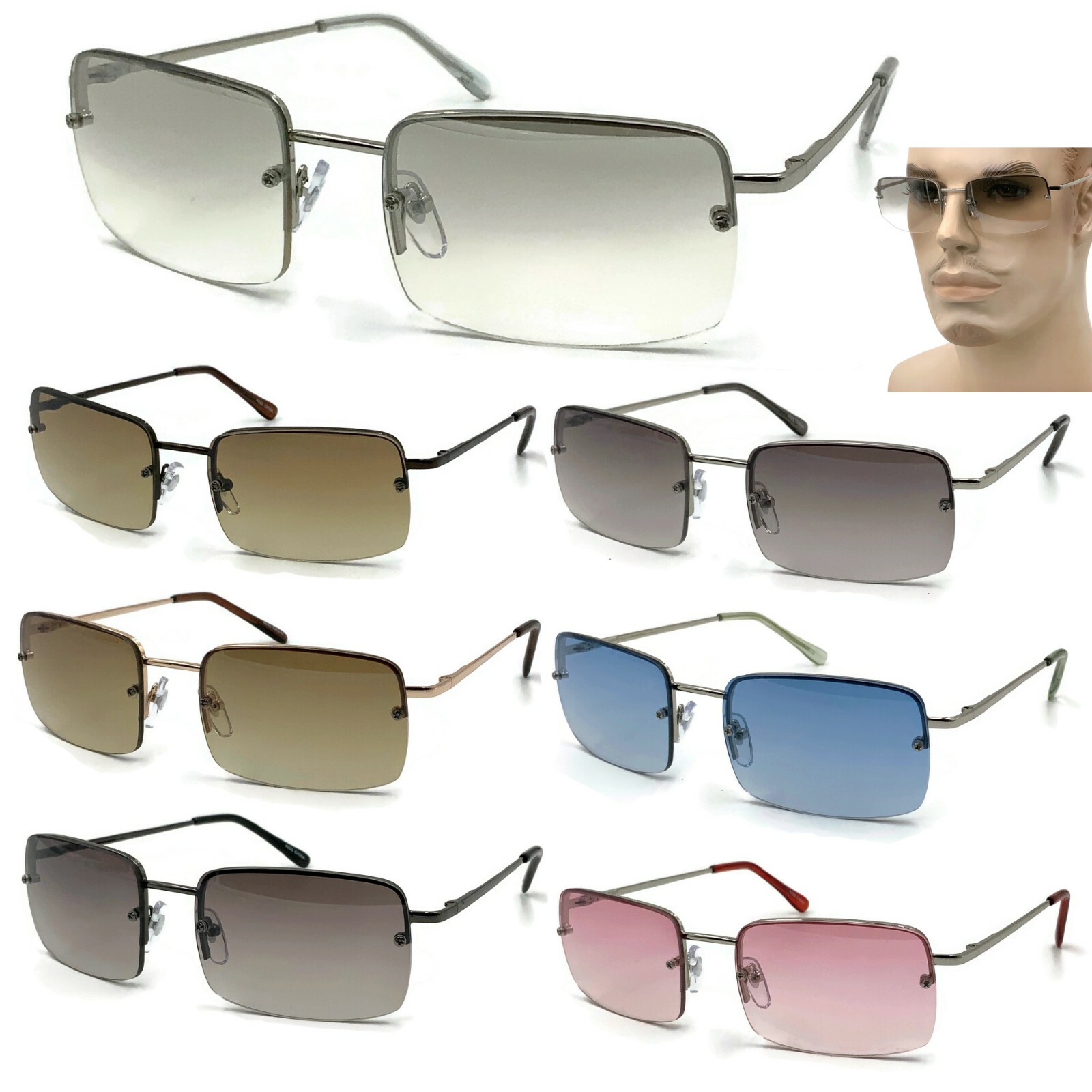 Rimless Rectangular Minimalist Metal Sunglasses Small Spring Hinge Men Eyewear