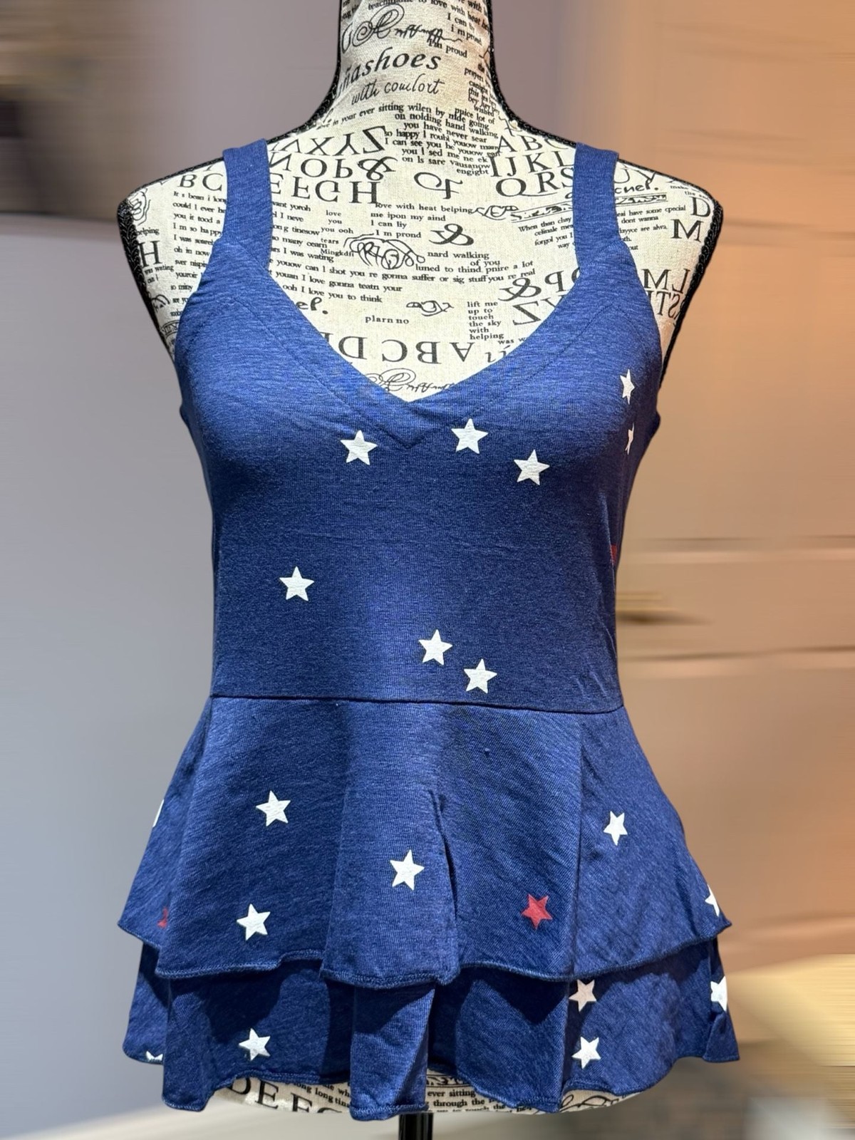 Chaser Star Print Peplum Tank Top XS NWT Patriotic Red White Blue Ruffle Hem