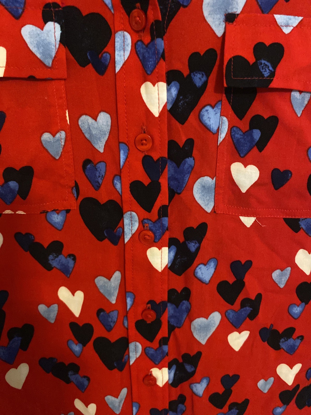 Talbots Shirt Womens PM Red Heart Print Button Front Rayon Long Sleeve Blouse