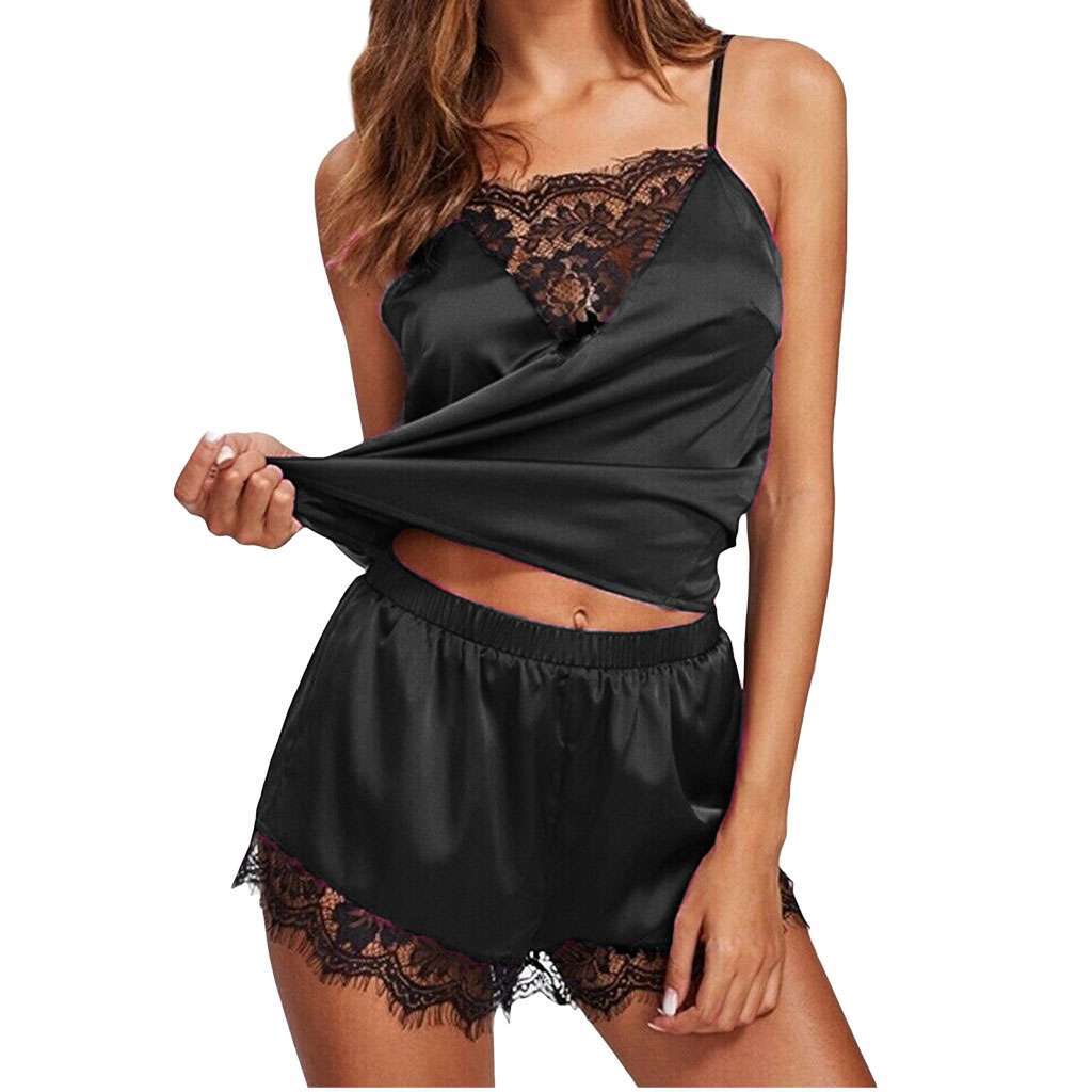 Women Sexy Lace Sleepwear Silk Pajamas Set Lingerie Babydoll Nightgown Nightwear