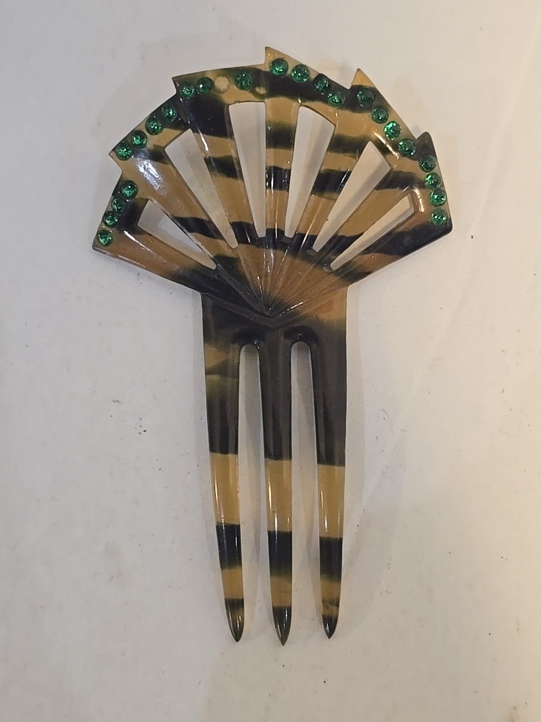 VTG Art Deco 4 Inch Amber Tortoiseshell Hair Comb with Green Rhinestones Women