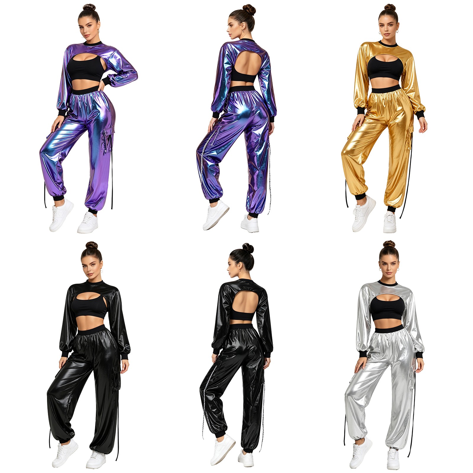 US Women Hip Hop T Shirt with Cargo Pants Pvc Leather Wet Look Shiny Metallic
