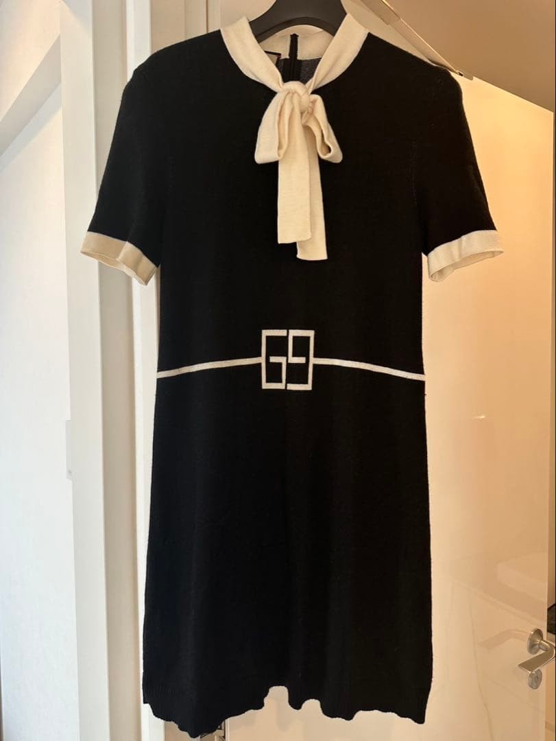 Gucci Knit Dress XS 82cm Length Black GG Logo Bow Tie Wool