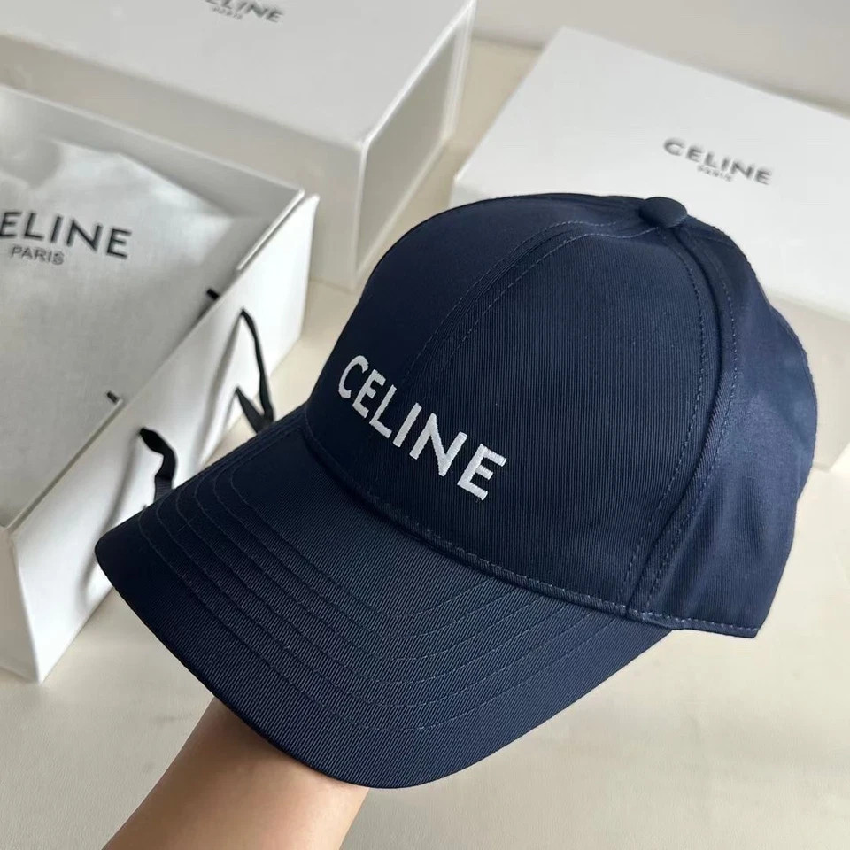CELINE Navy Blue Cotton Baseball Cap White Logo Unisex Adjustable Luxury Hat