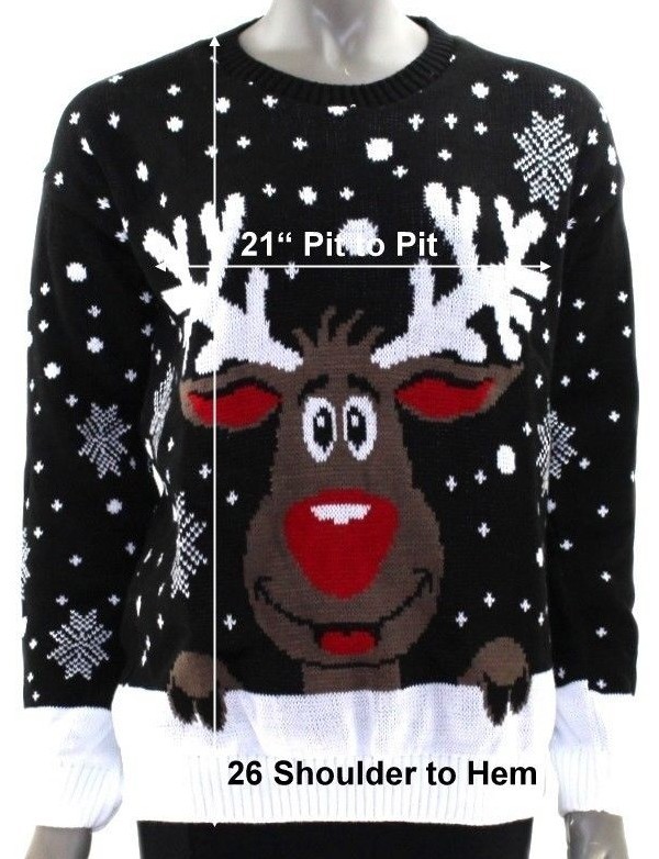 JUMPER Ladies BLACK Knit Fabric Rudolph Reindeer CHRISTMAS Novelty Sweater | 42″