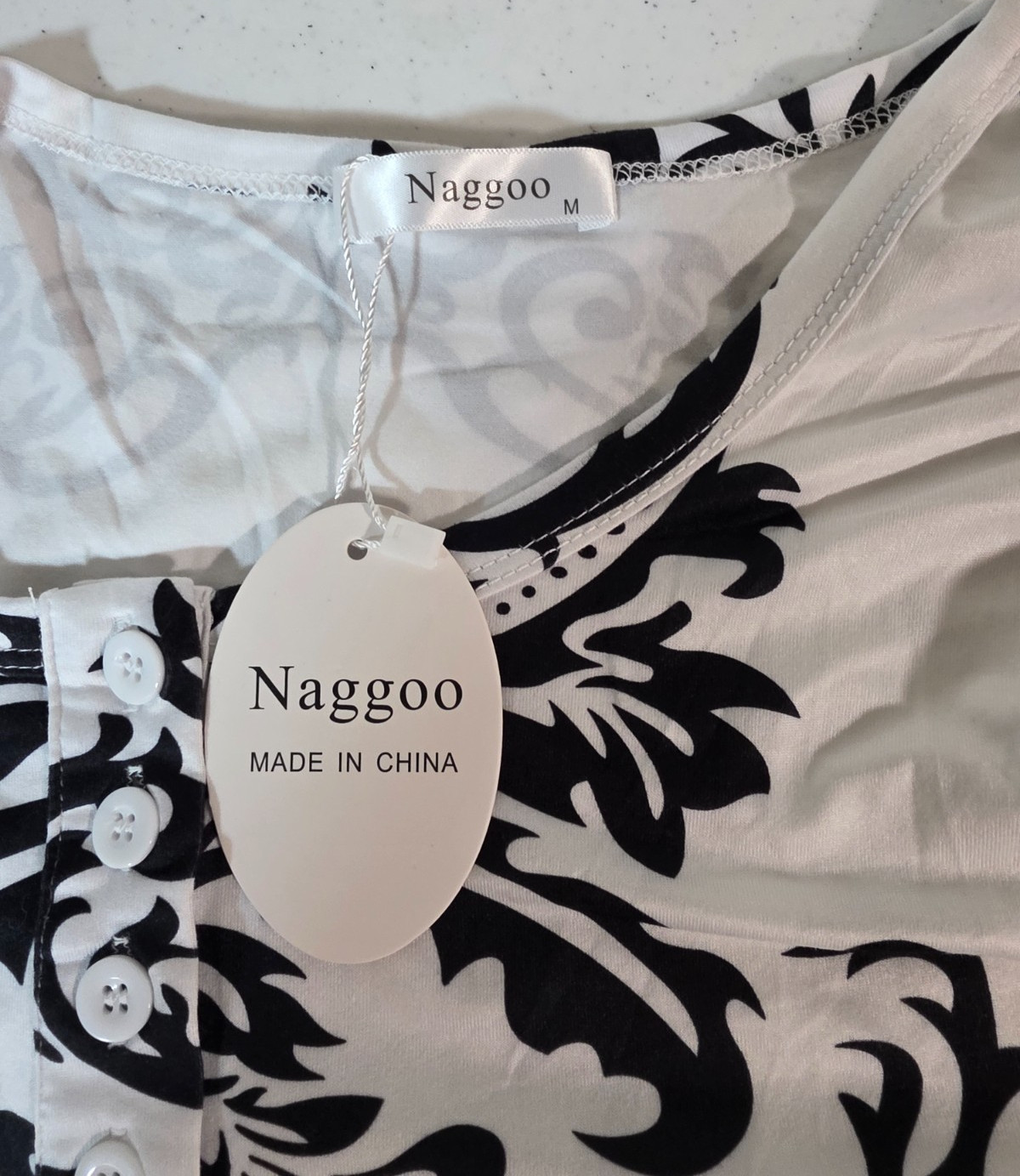 Naggo White & Black Print Tunic Top Button V-Neck & Asymmetrical Hem Size Med.